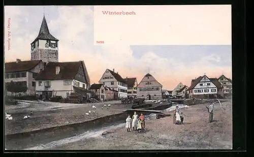 AK Winterbach, Ortspartie mit Brücken und Kirche