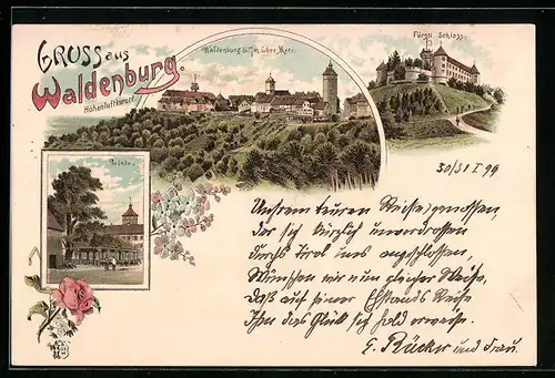 AK Waldenburg, Ortsansicht mit Linde und Fürstl. Schloss