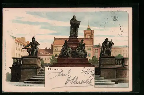 Lithographie Berlin, Neuer Markt mit Luther-Denkmal