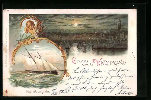 Lithographie Hamburg-Neustadt, Waterkant, Vorsetzen mit Baumwall, Engel und Segelschiff