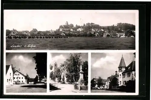 AK Leeder i. Schw., Strassenpartie, Häuser und Denkmal