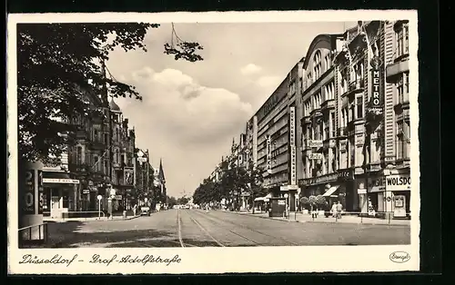 AK Düsseldorf, Graf-Adolfstrasse mit Strassenbahn und Geschäften