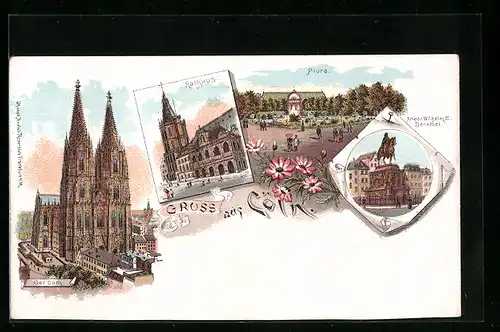 Lithographie Köln, der Dom, Rathaus, Friedr.Wilhelm III Denkmal