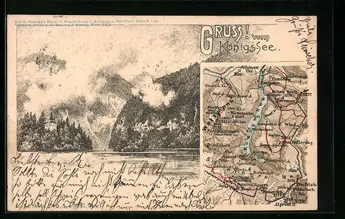 Lithographie Königsee, Reise und Wanderkarte, Panorama