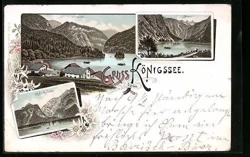 Lithographie St. Bartholomae, Teilansicht mit Königssee, Seepartien