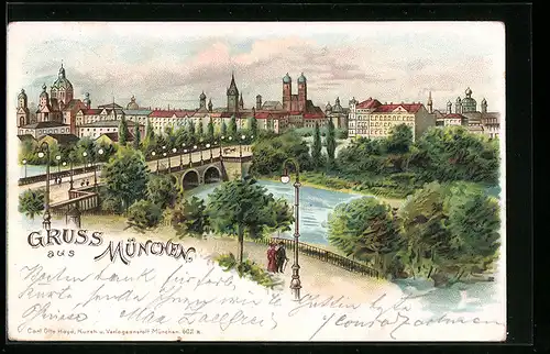 Lithographie München, Maximiliansbrücke an der Isar