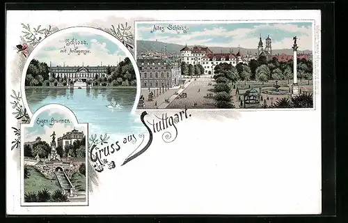 Lithographie Stuttgart, Schloss mit Anlagensee, Eugenbrunnen, Altes Schloss