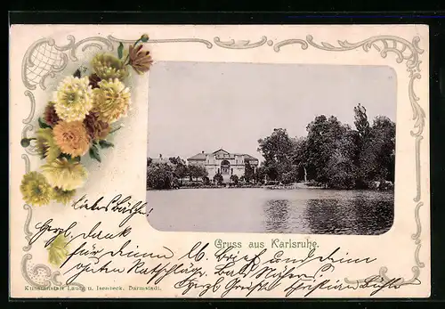 AK Karlsruhe, Teich mit Blick auf die Festhalle