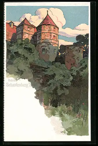 Lithographie Scharfenberg, Blick zum Schloss
