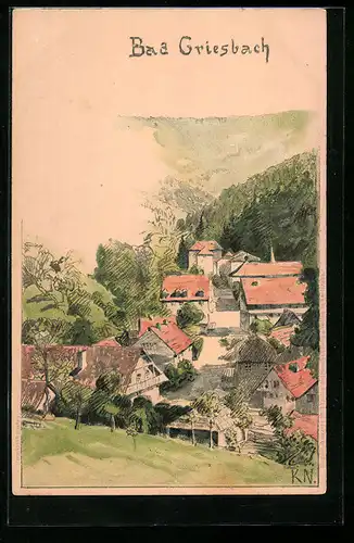 Künstler-Lithographie Bad Griesbach, Blick auf den Ort
