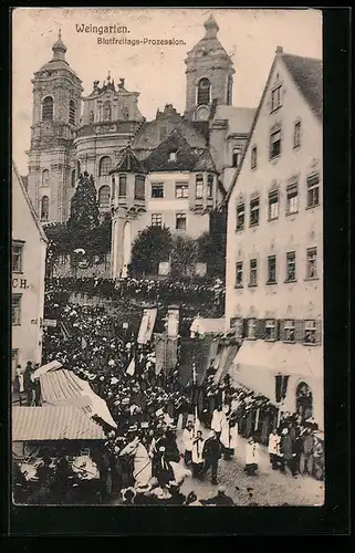 AK Weingarten, Blutfreitags-Prozession in der Nähe der Kirche
