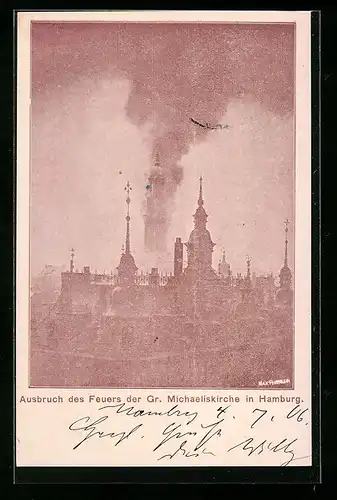 AK Hamburg-Neustadt, Ausbruch des Brandes der gr. Michaeliskirche