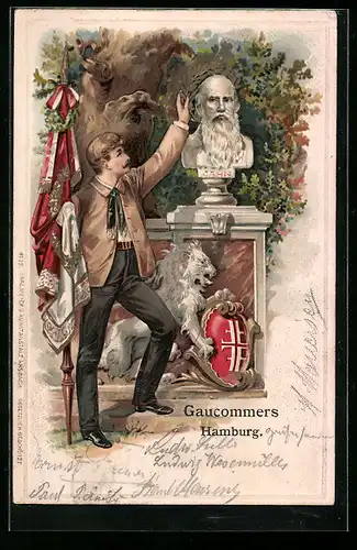 Lithographie Büste von Turnvater Jahn wird mit einem Lorbeerkranz geschmückt