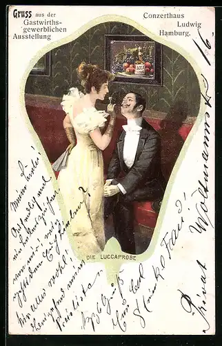 AK Der Feinschmecker im Gespräch mit einer hübschen Dame, Allegorie