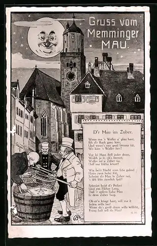 Künstler-AK Memmingen, Mau im Zuber, Gedicht