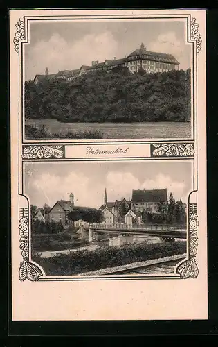 AK Untermarchtal, Blick auf das Schloss, Flusspartie mit Brücke