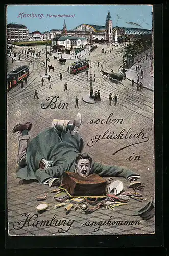 AK Hamburg-St.Georg, Hauptbahnhof, Strassenbahnen, Passagier fällt mit Gepäck auf den Boden