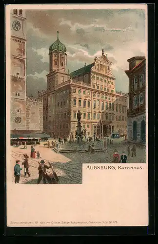 Lithographie Augsburg, Rathaus und Brunnen