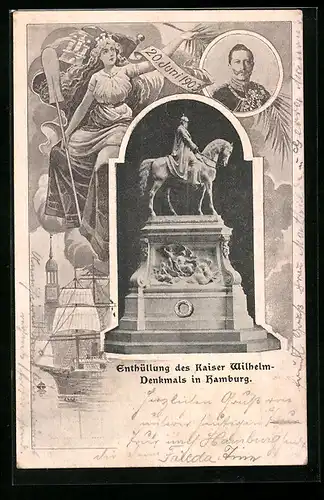 AK Hamburg, Kaiser Wilhelm Denkmal und Portrait des Kaisers Wilhem II.
