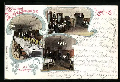 Lithographie Hamburg-St.Georg, Restaurant Deutsches Spielhaus, verschiedene Ansichten