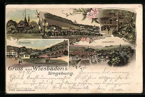 Lithographie Wiesbaden, Waldhäuschen, Sonnenberg, Leichtweisshöhle, Nerobergbahn