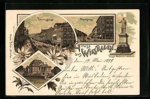 Lithographie Wiesbaden, Taunusstrasse, Rheinstrasse, Kaiser Wilhelm I. Denkmal, Königl. Hoftheater