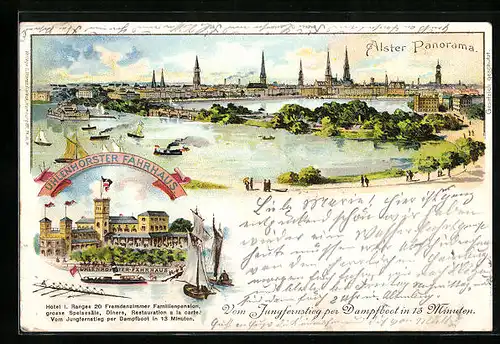 Lithographie Hamburg-Uhlenhorst, Alster Panorama mit Fährhaus