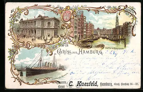 Lithographie Hamburg, Börse, Fleet bei der Reimersbrücke, Schnelldampfer Normannia