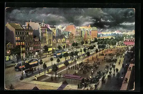 AK Hamburg, St. Pauli bei Nacht mit Strassenbahn