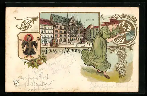 Lithographie München, Rathaus und junge Frau am Briefkasten
