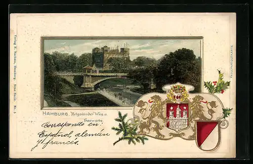 Passepartout-Lithographie Hamburg, Helgoländer Weg und Seewache mit Wappen