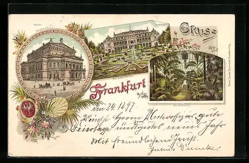 Lithographie Frankfurt a. M., Opernhaus, Palmenhaus u. Palmengarten