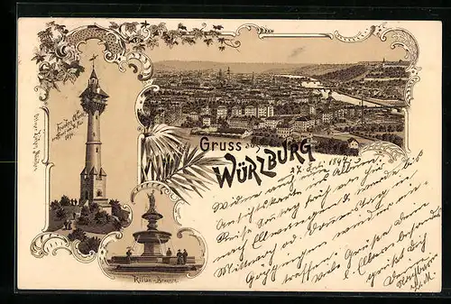 Lithographie Würzburg, Teilansicht, Franken-Warte eröffnet 1894, Kilian-Brunnen