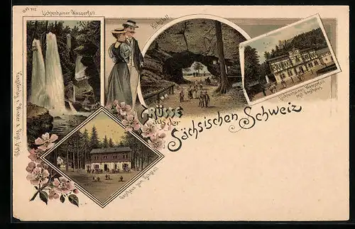 Lithographie Lichtenhain, Lichtenhainer Wasserfall mit Gasthaus, Gasthaus zum Kuhstall