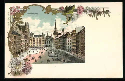 Lithographie München, Totalansicht vom Marienplatz