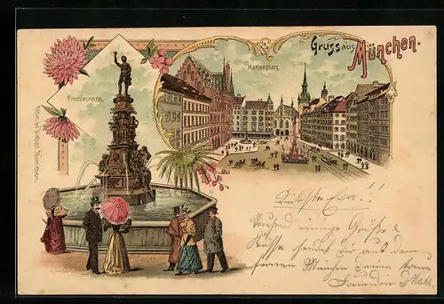 Lithographie München, Marienplatz, Fischbrunnen