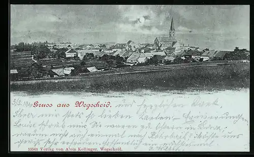 Mondschein-AK Wegscheid, Ortsansicht mit Kirche