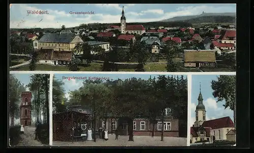 AK Walddorf, Gasthaus Kottmarberg, Aussichtsturm, Kirche, Ortsansicht