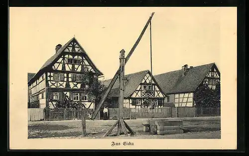 AK Eicha bei Meiningen, Ortspartie mit Fachwerkhäusern und altem Brunnen