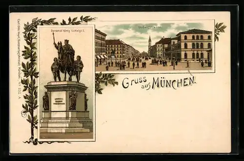 Lithographie München, Ludwigstrasse mit Passanten und Denkmal Ludwigs I.