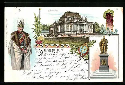 Lithographie Wiesbaden, Kaiser Friedrich Denkmal, Hoftheater