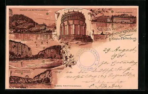 Lithographie Kelheim, Ortsansicht mit Befreiungshalle, Kloster Weltenburg, Donaupartie