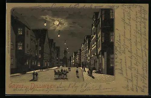 Mondschein-Lithographie Dillingen, Blick zum Tor in der Königsstrasse