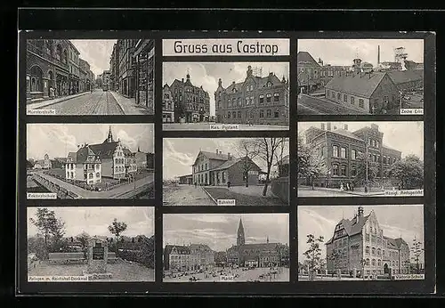 AK Castrop, Bahnhof, Markt, Königl. Amtsgericht, Kais. Postamt