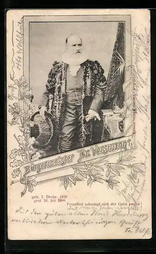 AK Hamburg, Bürgermeister Dr. Versmann im Amtshabit, Trauerkarte 1899, Eichen-und Lorbeerlaub