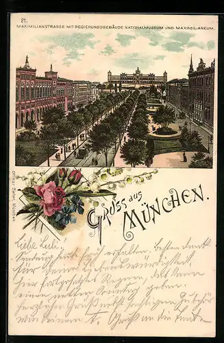 Lithographie München, Maximilianstrasse mit Regierungsgebäude, Nationalmuseum und Maximilianeum