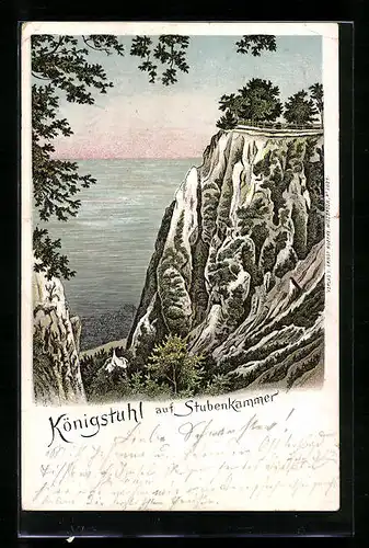 Lithographie Königstuhl /Stubenkammer, Blick aufs Wasser mit Felsvorsprüngen