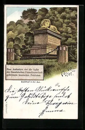 Lithographie Cassel, Denkmal in der Aue