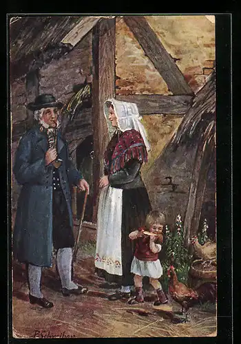 Künstler-AK sign. P. Schreiber: Familie in Alt-Mecklenburgischer Bauern-Tracht aus Graal-Müritz