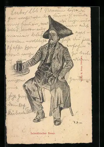 Künstler-AK Schwäbischer Bauer an einem Tisch sitzend